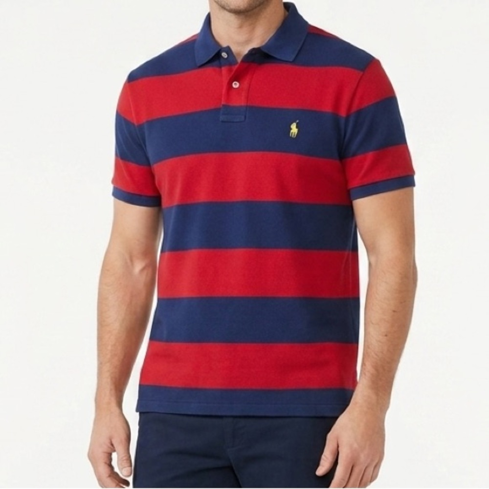 Polo Ralph Lauren Custom Fit Polo Shirt Mens Large Red Navy Striped Short Sleeve